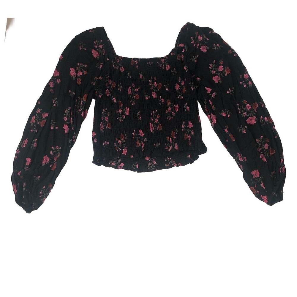 Saltwater Luxe Women’s Black Floral Smocked L/S Crop Blouse Back Tie Large